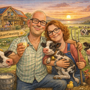Portret van Katleen en haar man bewerkt door AI. Het geeft een beeld van de vakantiewoning De Drieshoeve.
